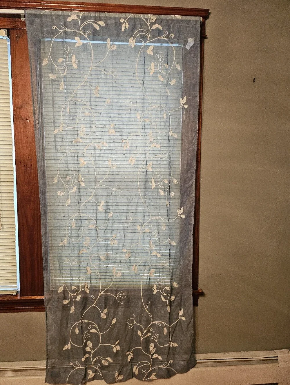 Light Blue Sheer Curtain Panel with Cream Vine Embroidery - Home Accents
